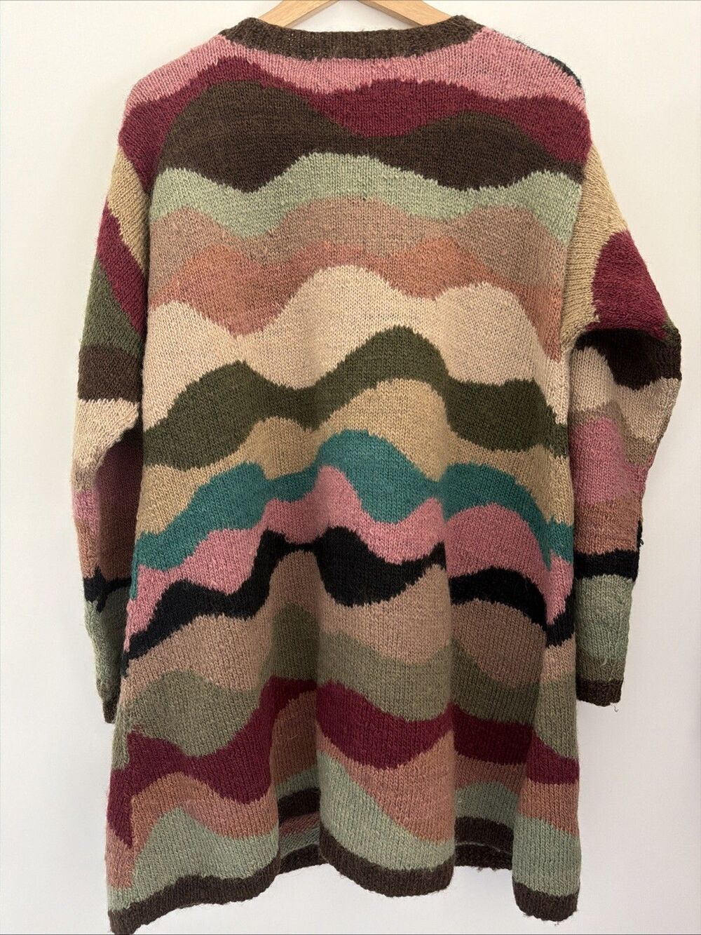 Vtg 90s Tara Handknits Wool Long Cardigan Hand Knit Sz L Nepal Art To Wear Boho - Picture 4 of 13